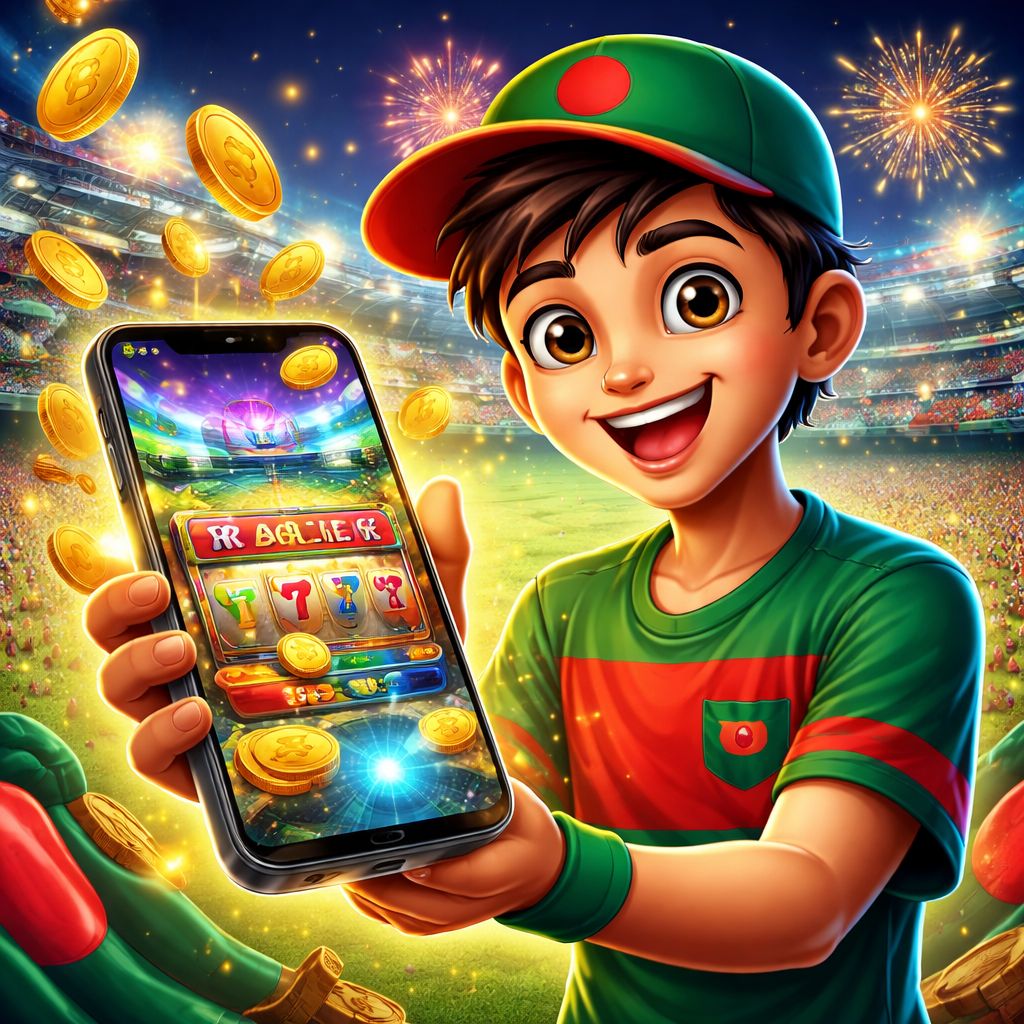 7I777 App cartoon character holding a smartphone with casino games and cricket betting visuals