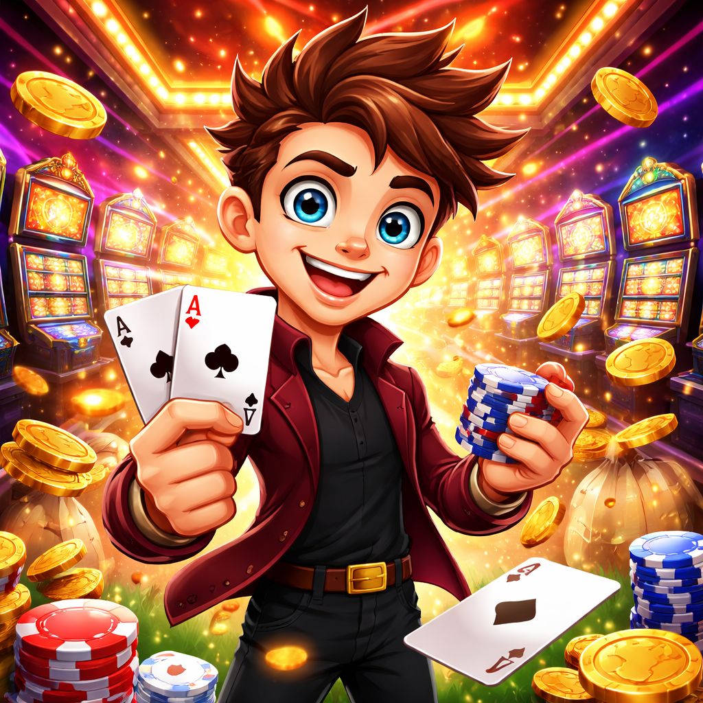 7I777 Casino cartoon character surrounded by slot machines, cards, and golden coins