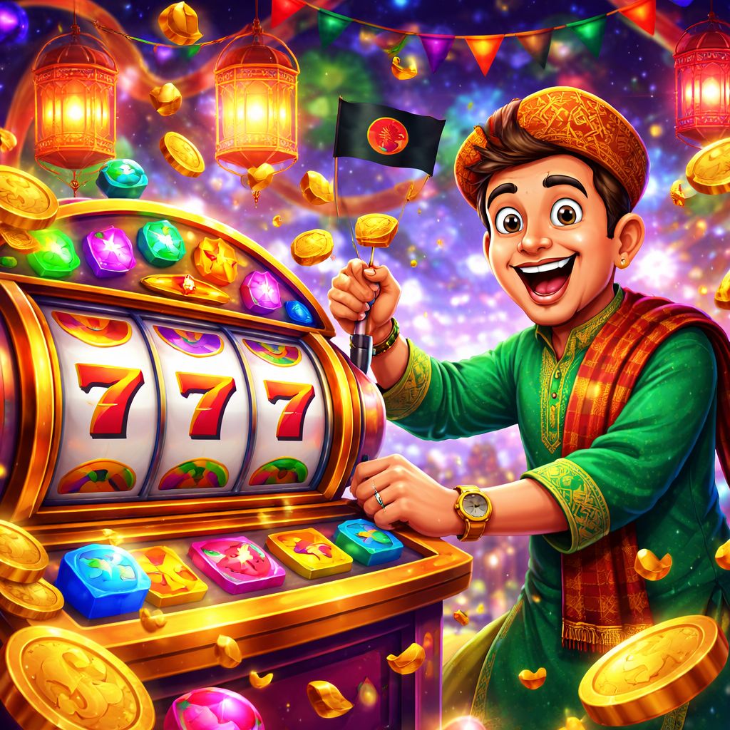 7I777 Slots themed characters spinning colorful slot reels with gold coins flying